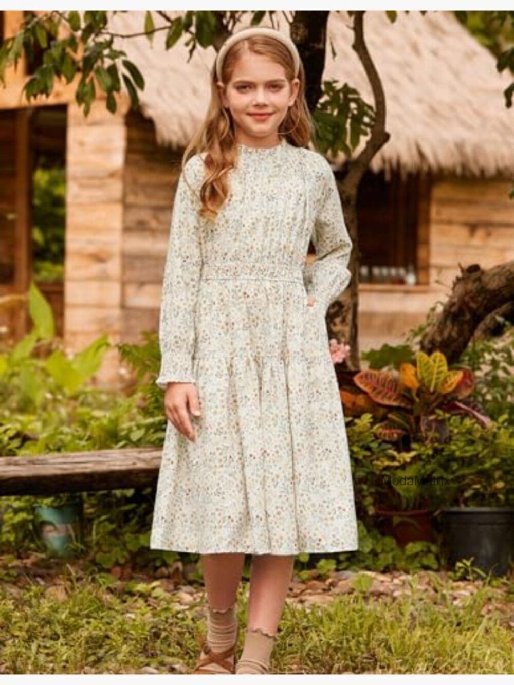 Girls Long Sleeve Floral Midi Dress High Waist Pockets - Picture 5 of 6